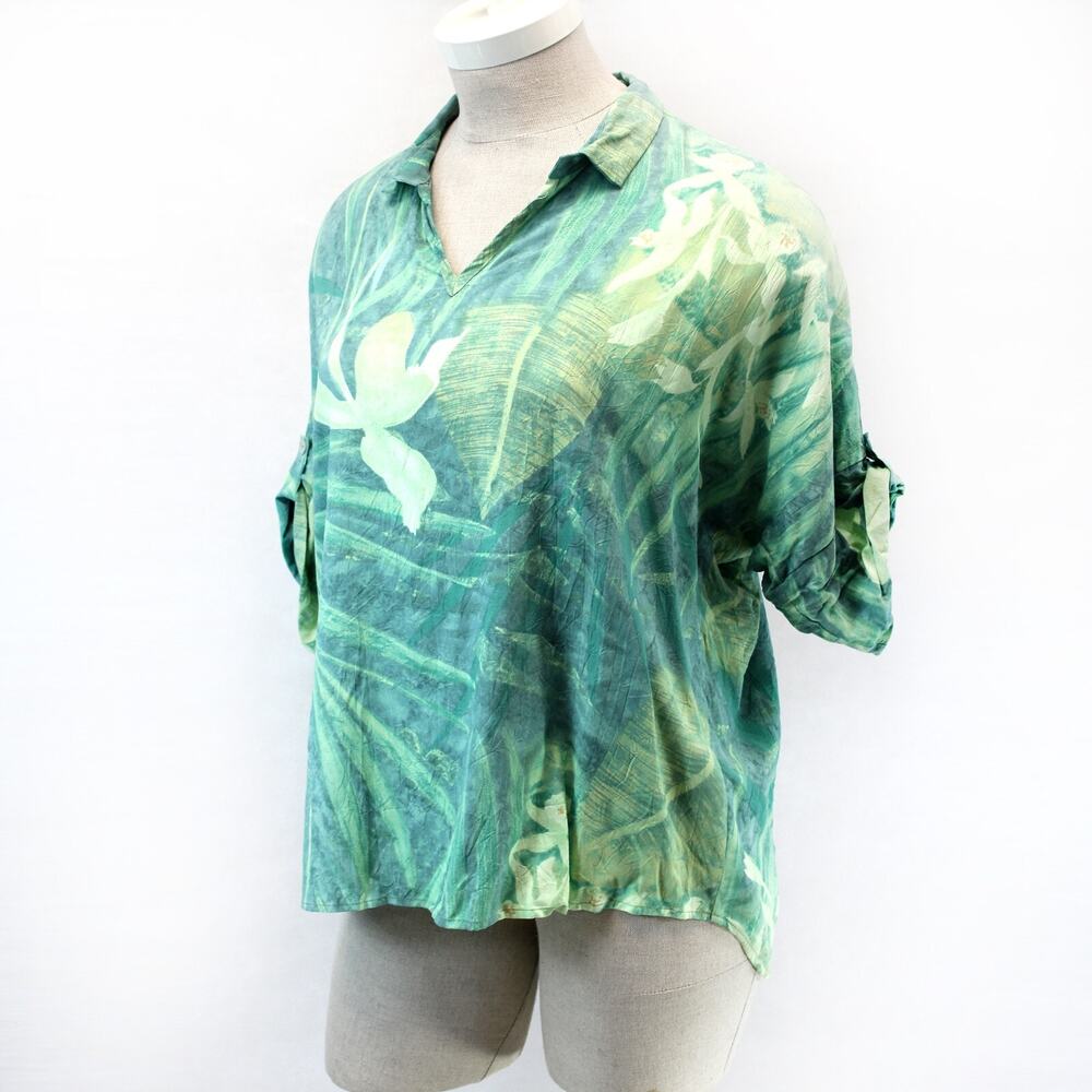Caribe Boutique Green Watercolor Flower Roll Tab Sleeves Top Blouse Tunic Large